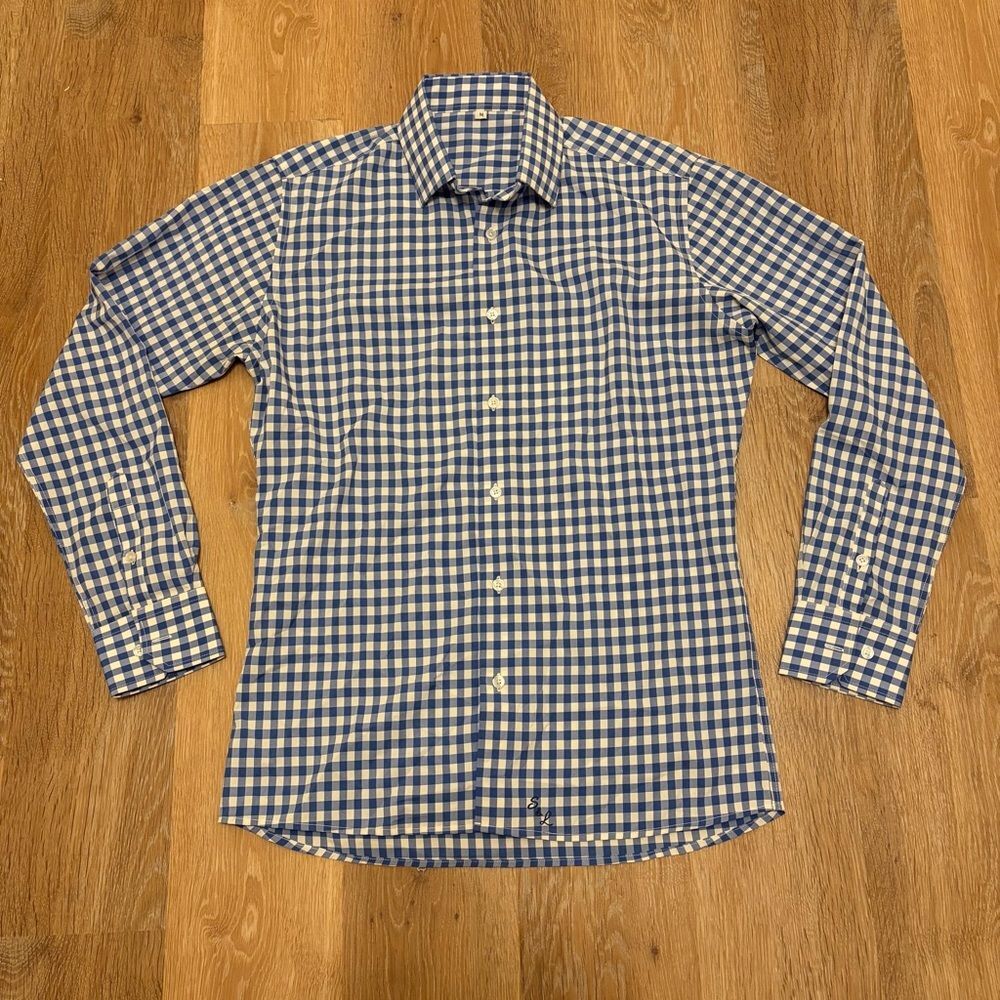 State and Liberty Blue White Checkered Button Down Dress Shirt Medium Stretch